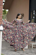 Aayaa Designer Printed Georgette Full Flare Gown With Dupatta - Multi Color