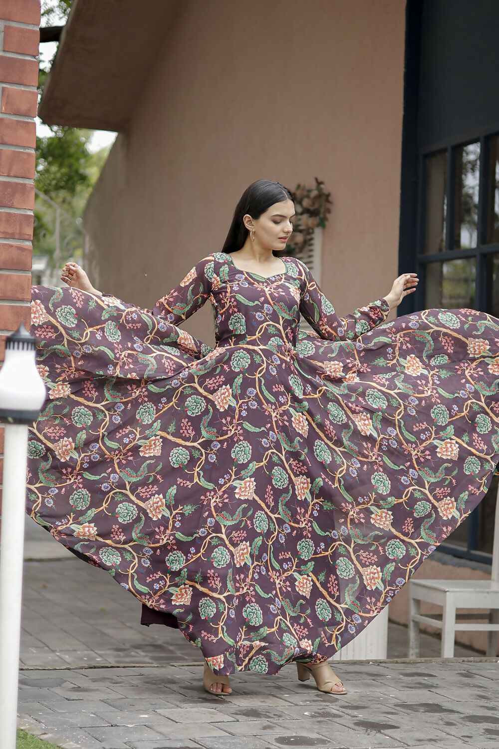 Aayaa Designer Printed Georgette Full Flare Gown With Dupatta - Multi Color