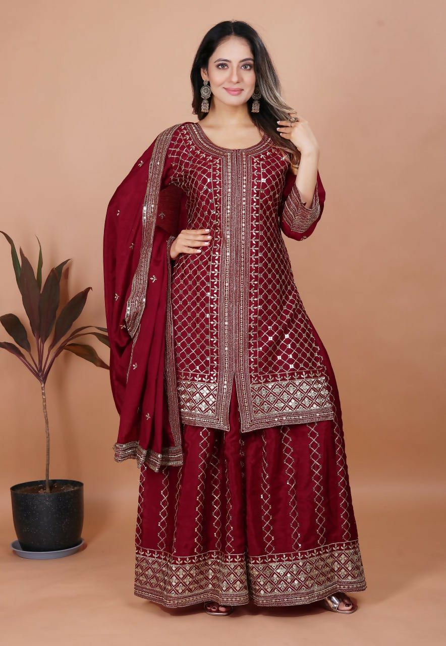 Teeya Creation Maroon Color Chinon Silk Embroidery Work Palazzo Set