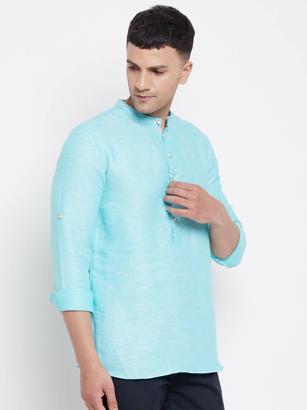 Even Apparels Pure Cotton Men's Kurta in Blue Color With Band Collar