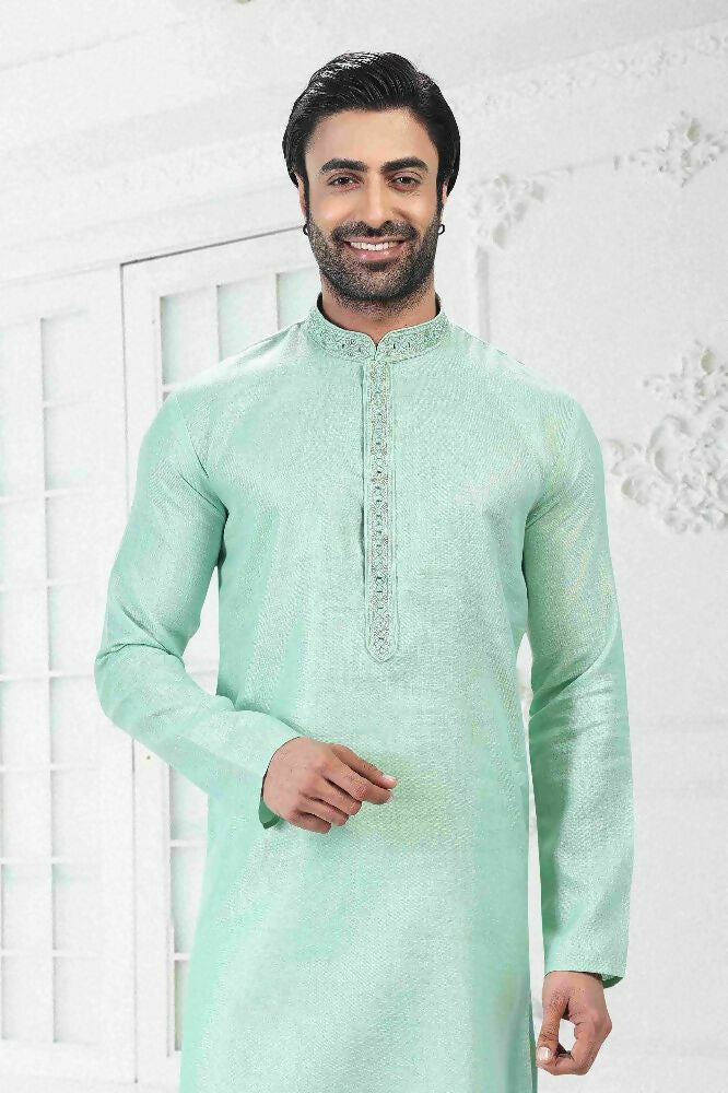 Raivat Ethnic Linen Cotton Thread Work Kurta Pajama In Pista Green Colour