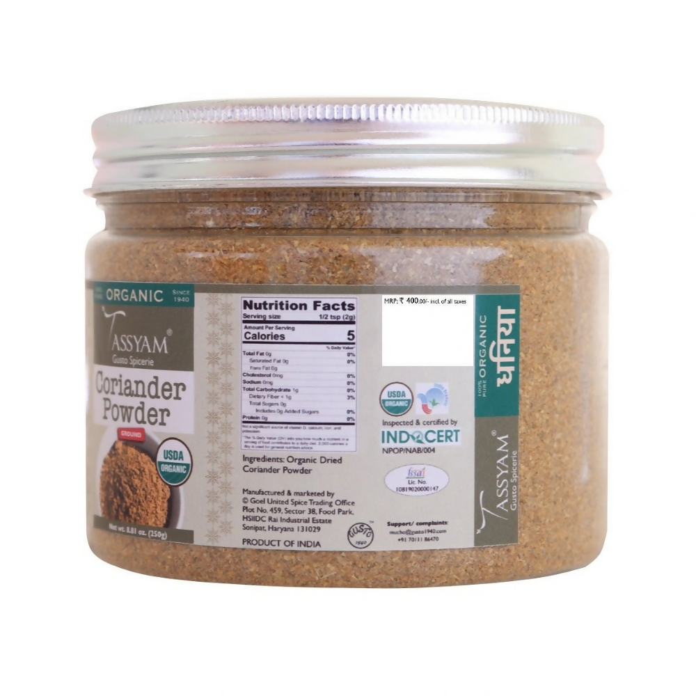 Tassyam Organics Certified 100% Organic Coriander Seeds Powder