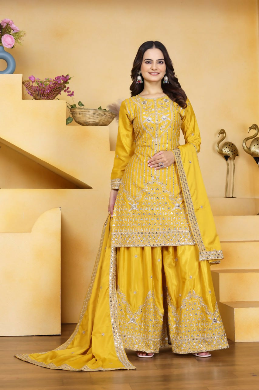 Joban Fashion Yellow Crepe Embroidered Sharara Set