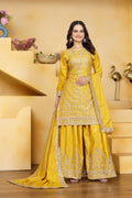 Joban Fashion Yellow Crepe Embroidered Sharara Set