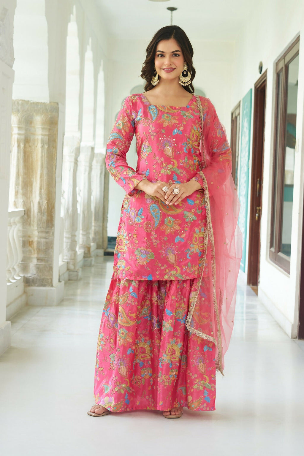 Joban Fashion Pink Kurta Set Chinnon Embroidery Sequence Work