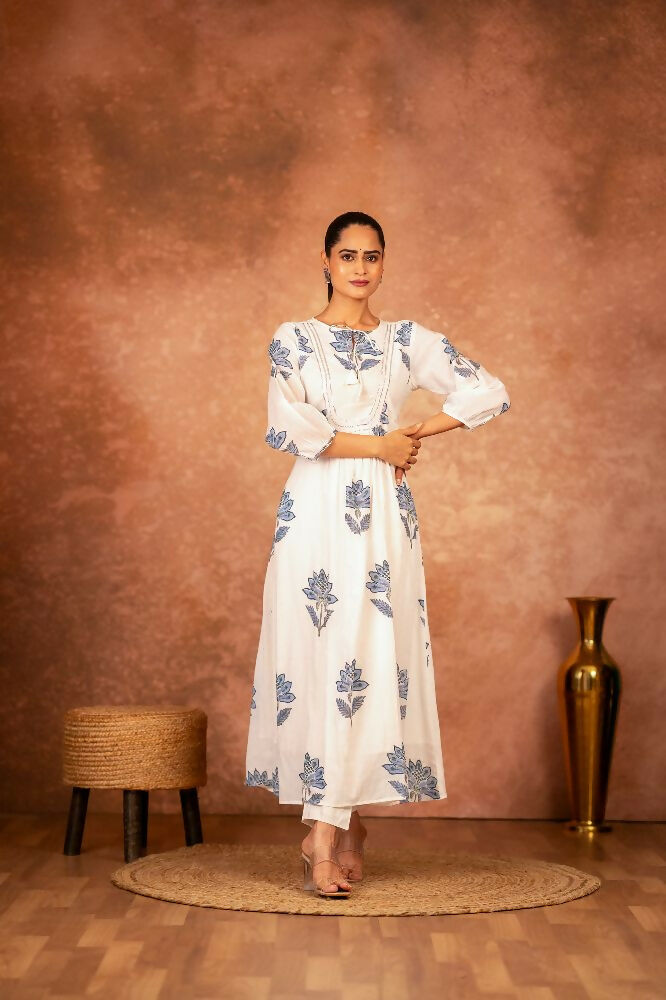 Joban Fashion Blue Floral Hand Block Printed Cotton Kurta Pant Set