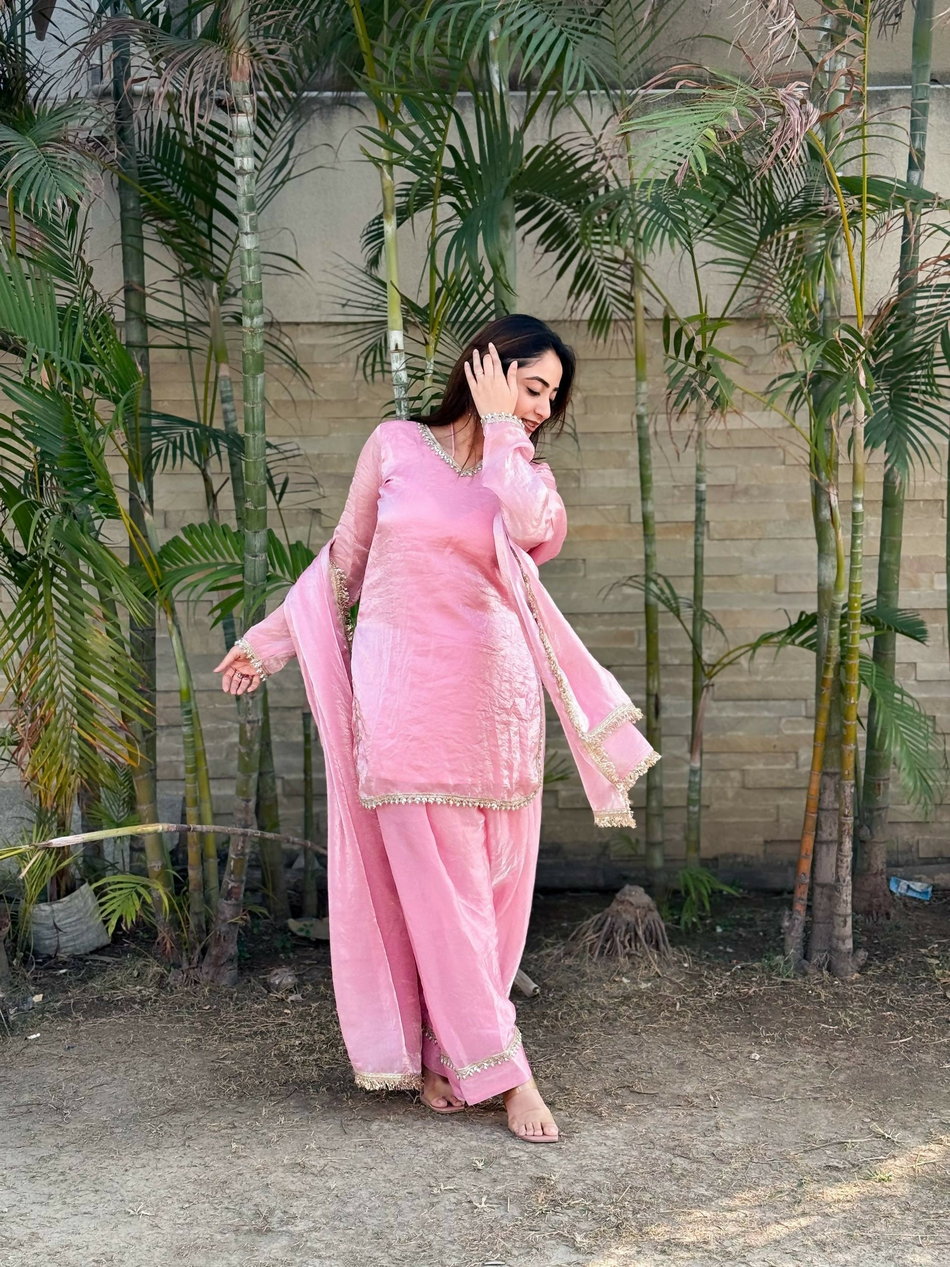 Teeya Creation Womens New Festive Wear Hand Made Real Mirror Pal Moti Lace Baby-Pink Kurta Set