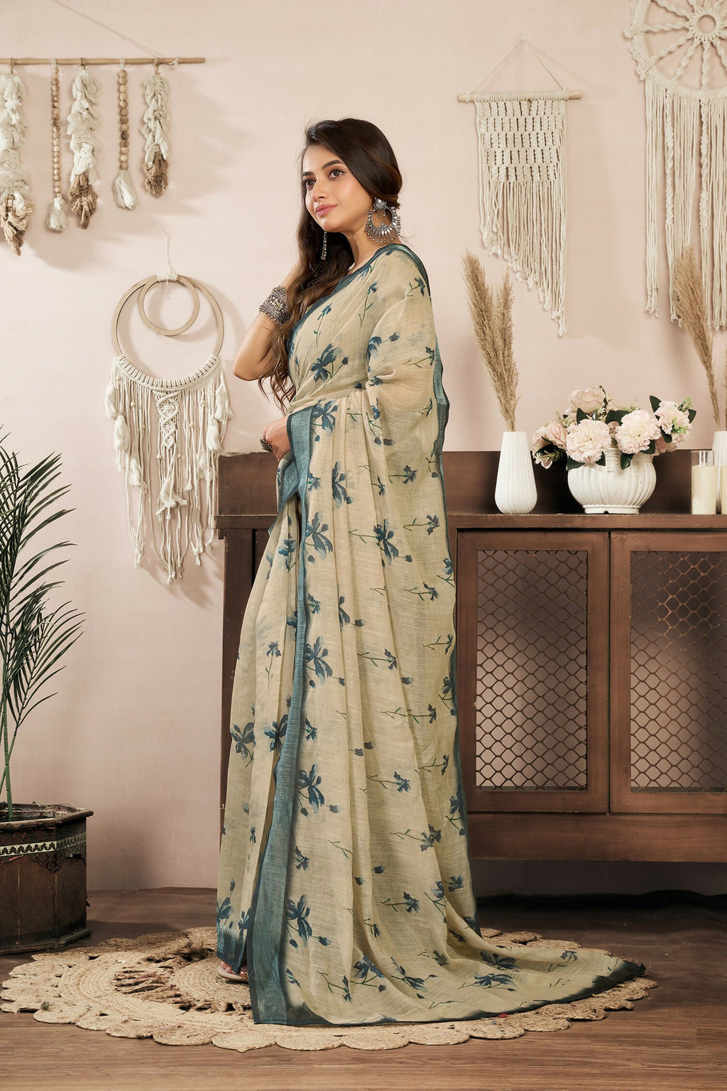 Joban Fashion Beige Floral Linen Ready To Wear Saree With Unstitched Blouse