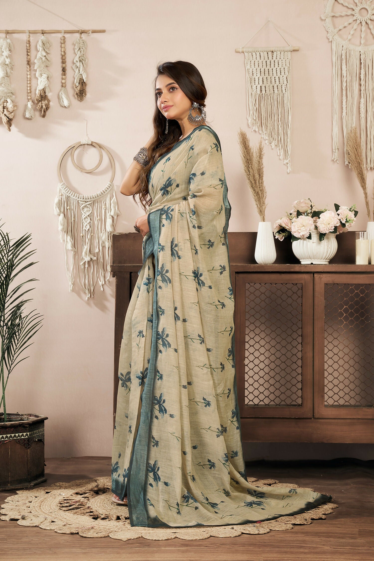 Joban Fashion Beige Floral Linen Ready To Wear Saree With Unstitched Blouse