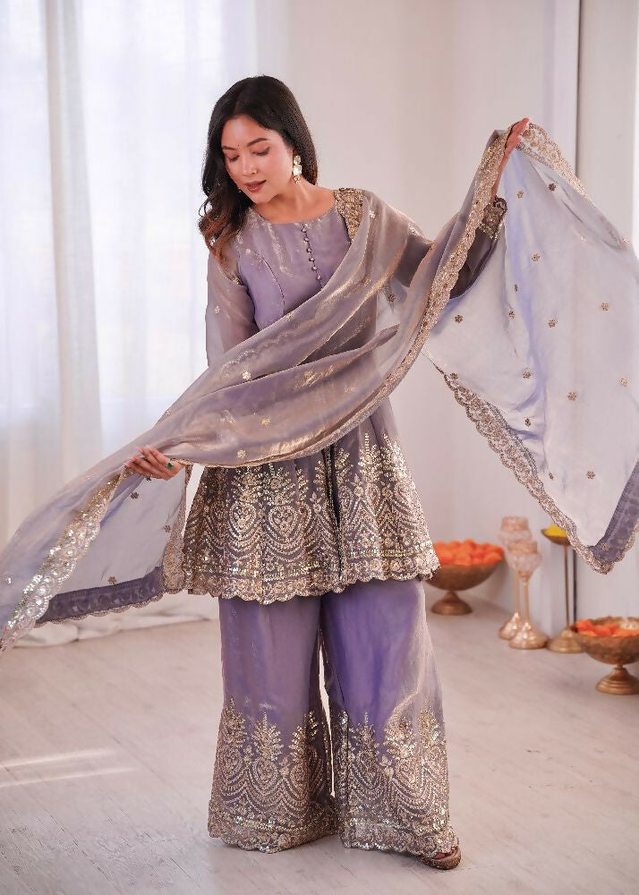 Teeya Creation Lavender Color Fendy Satin Silk Embroidery Work Party Wear Salwar Suit