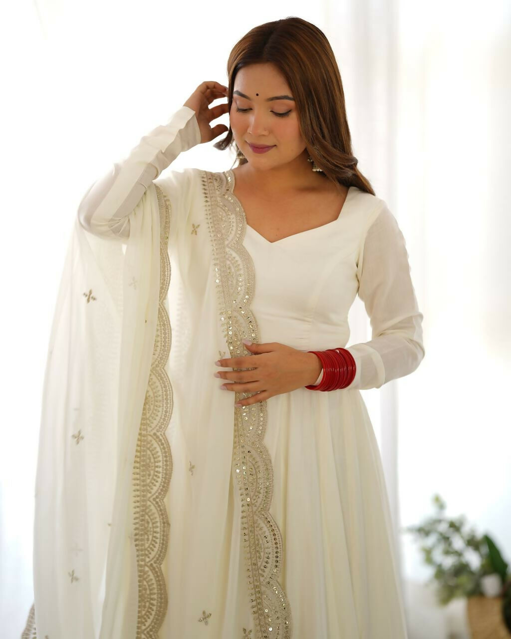 Lehenga Mart Designer Anarkali Suit With Kurta, Pant, Dupatta For Women-Off White
