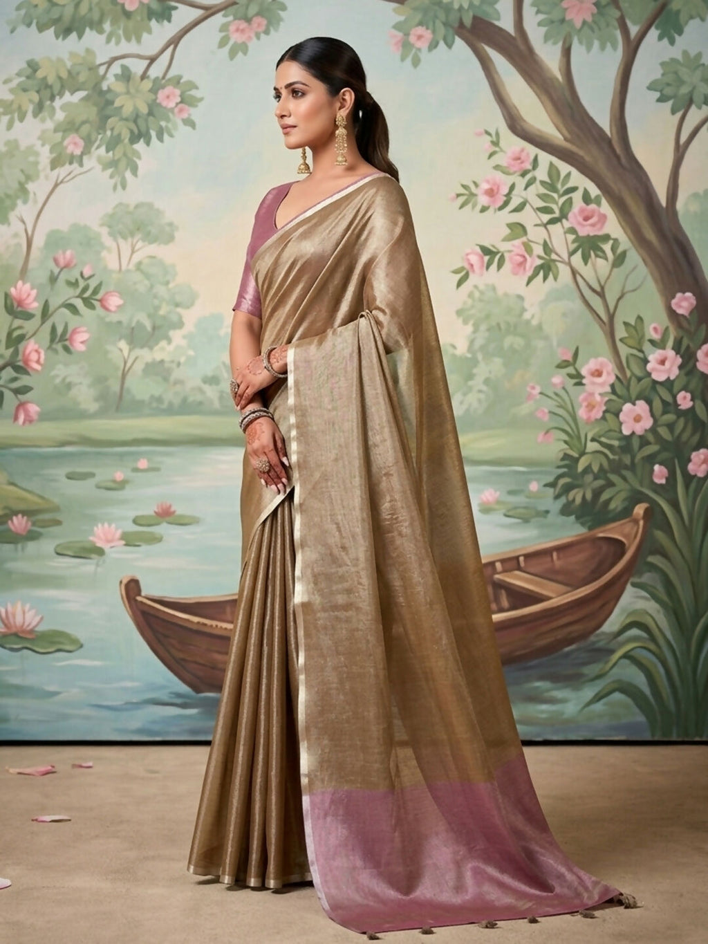 Shree Shyam Fashion Brown Tissue Silk Saree