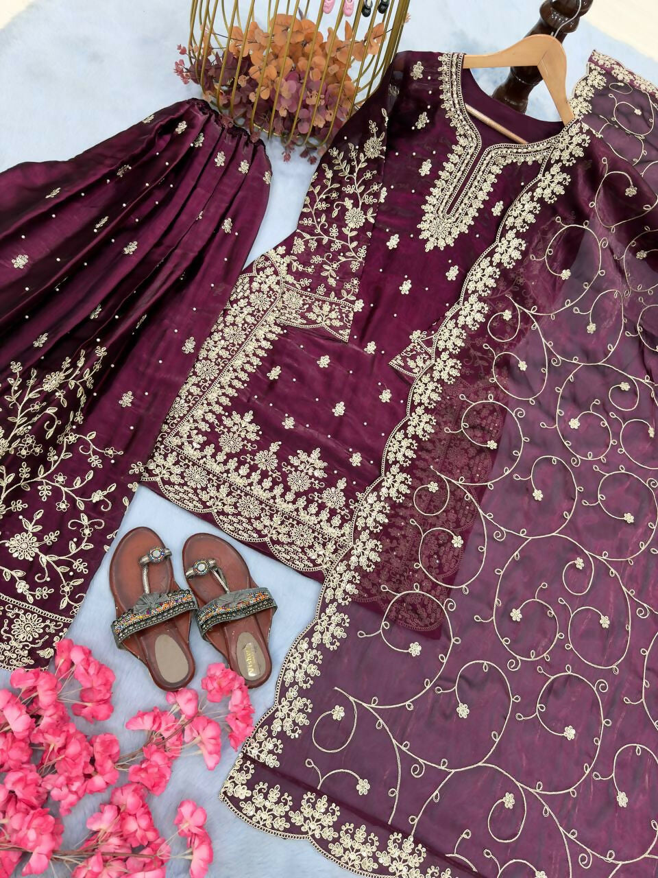 Teeya Creation Wine Pure Silk Gimmy Silk Heavy Embroidery Work Wedding Wear Palazzo Pair