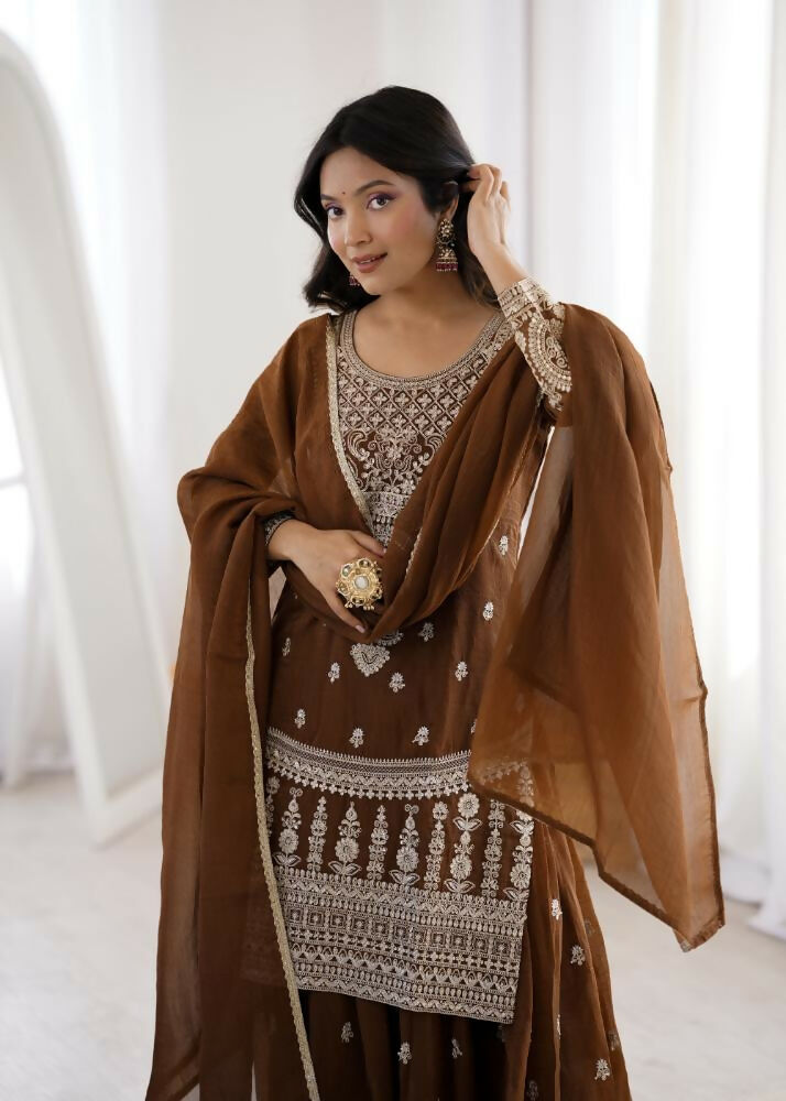 Lehenga Mart Designer Sharara Suit With Kurta, Sharara, Dupatta For Women-Brown