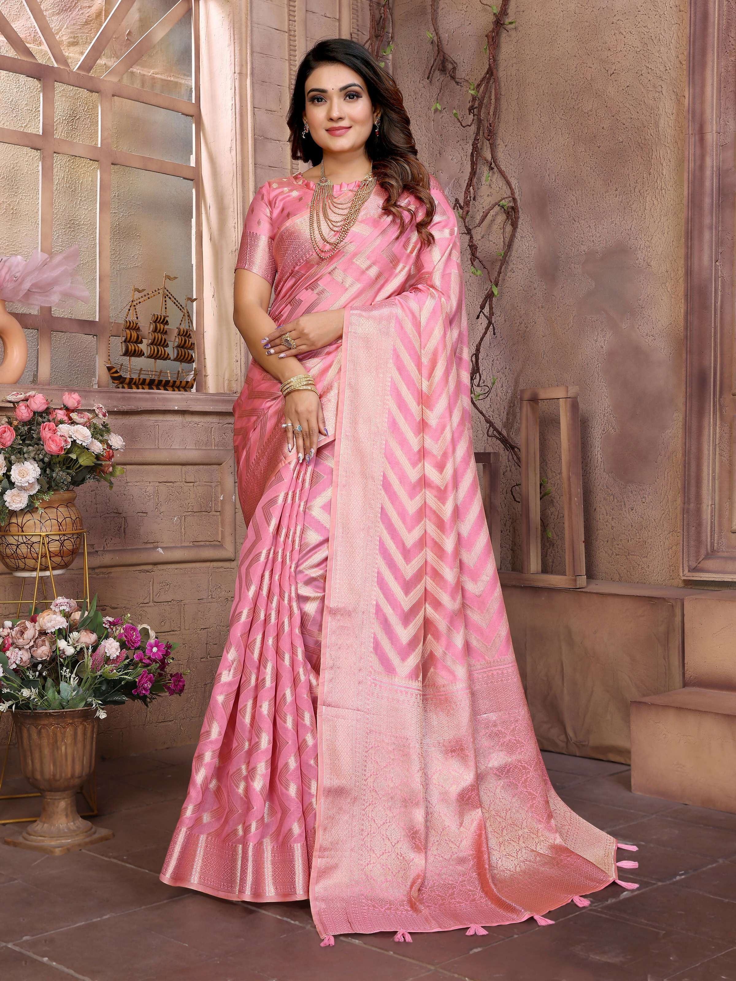 Aastha Fashion Pink Soft Organza Silk Weaving Saree