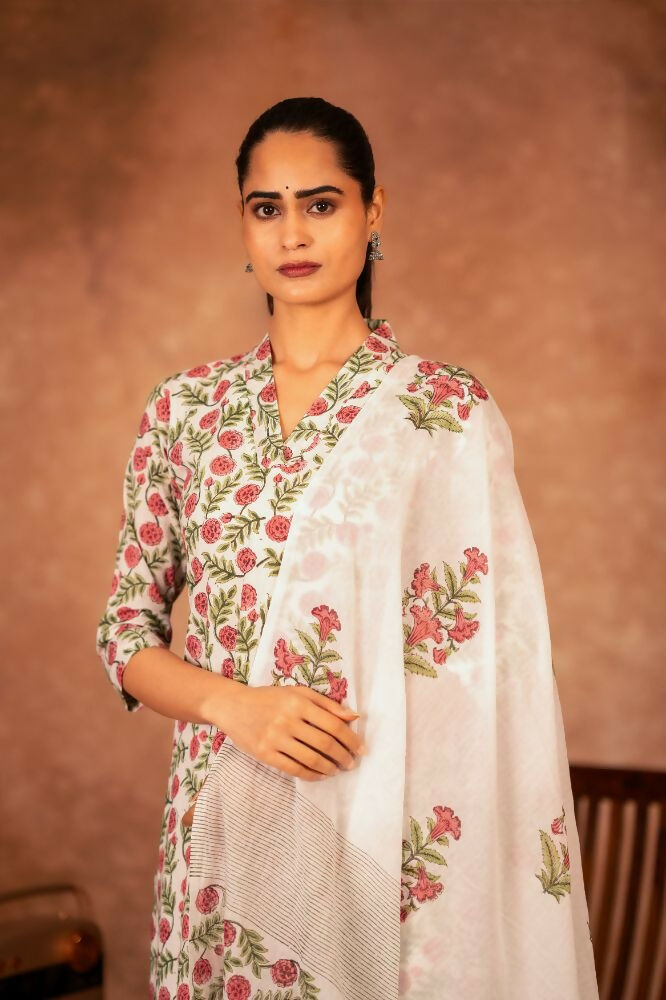 Joban Fashion Red Green Hand Block Printed Cotton Suit Set