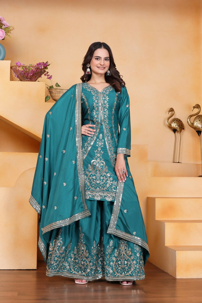 Joban Fashion Teal Crepe Embroidered Sharara Set