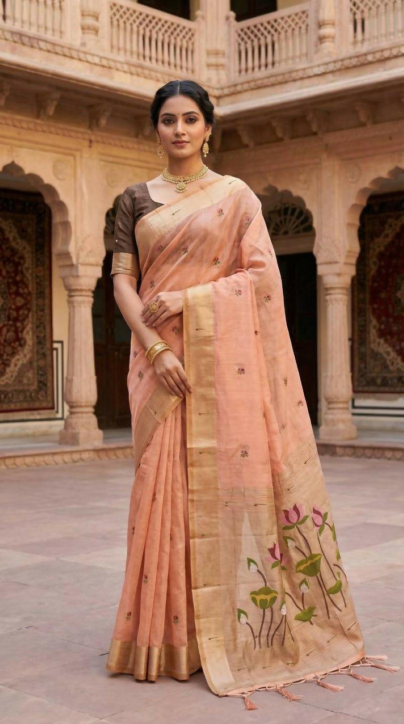 Vastranavya Peach Muga Cotton Meenakari & Munia Weaving Pallu Saree with Contrast Blouse