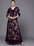 Ahalyaa Women Burgundy Floral Fit & Flare Maxi Ethnic Dress