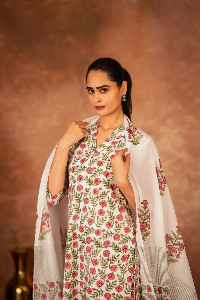 Joban Fashion Red Green Hand Block Printed Cotton Suit Set