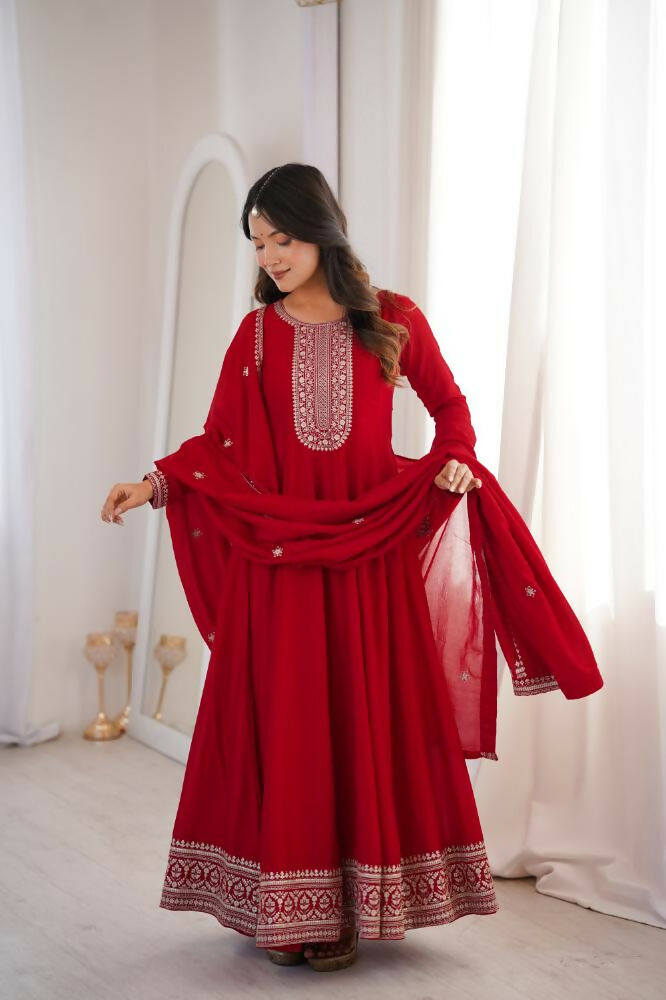 Lehenga Mart Designer Anarkali Suit With Kurta, Dupatta For Women-Dark Red