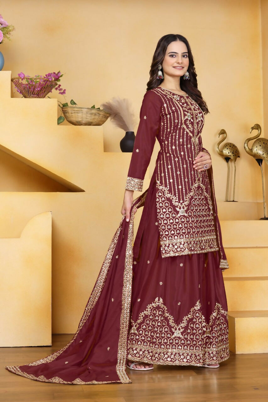 Teeya Creation Maroon Color Natural Crepe Silk Wedding Wear Trending Palazzo Set