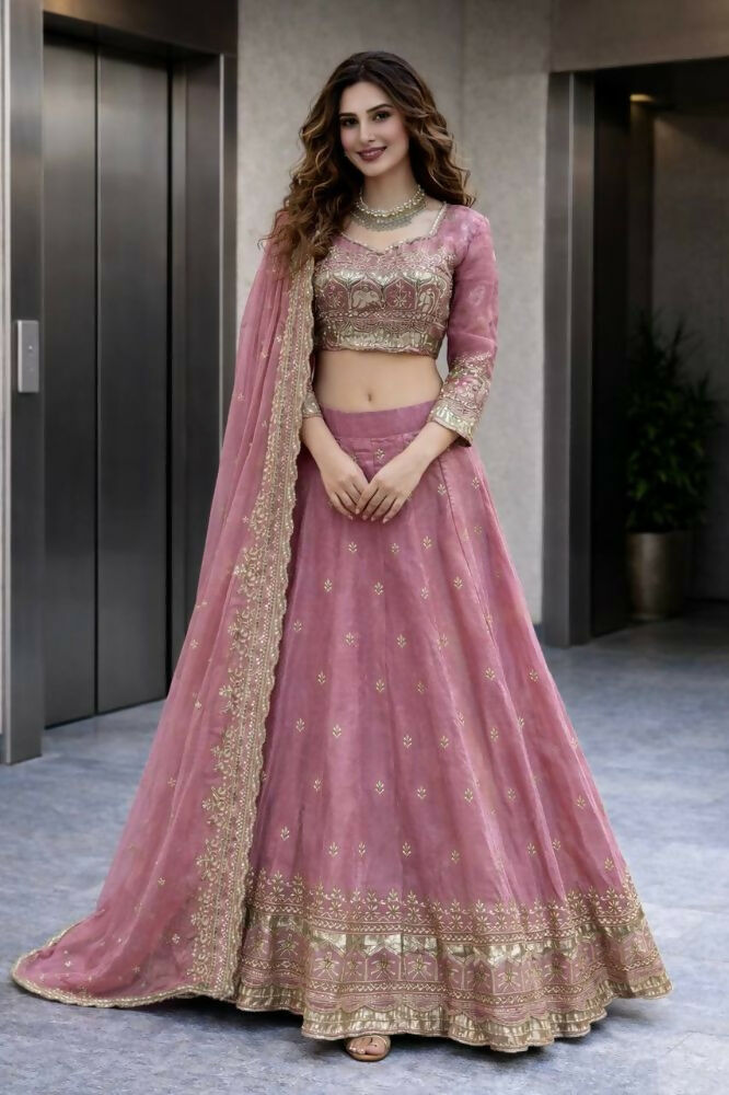 Teeya Creation Pink Color Fendy Satin Heavy Embroidery Work Wedding Wear Stitched Lehenga Choli