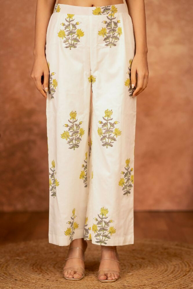 Joban Fashion Off White Yellow Hand Block Printed Cotton Suit Set