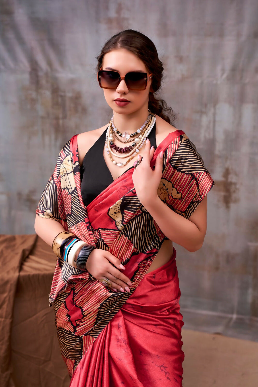 Vastranavya Red Satin Silk Printed Saree with a Natural Silk Unstitched Blouse