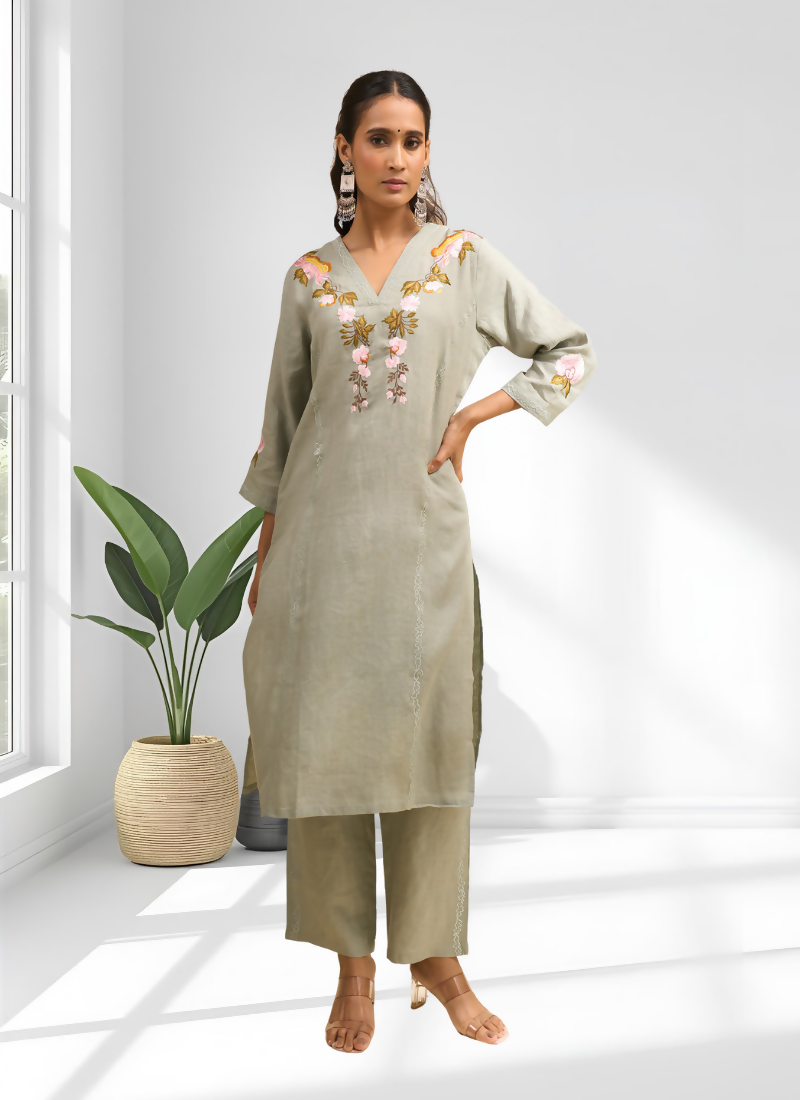 Joban Fashion Pista Green Linen Embroidered Readymade Cord Set