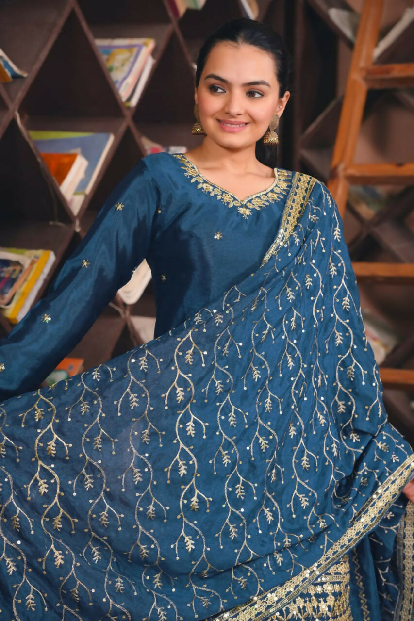 Joban Fashion Blue Silk Embroidered Sharara Set