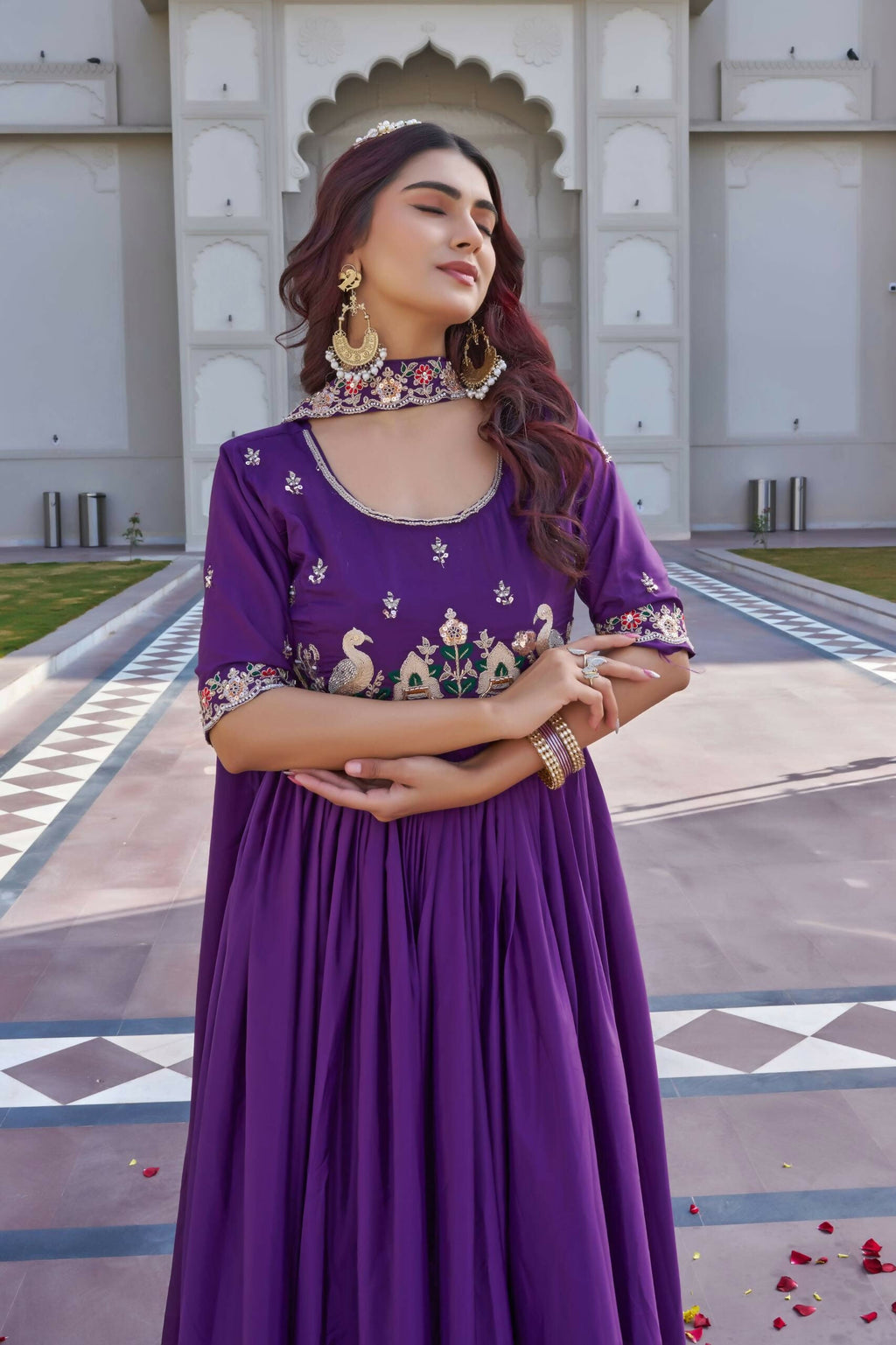 Teeya Creation Womens New Trendy Heavy Cording Sequence & Beads Embroidery Work Purple Gown Set