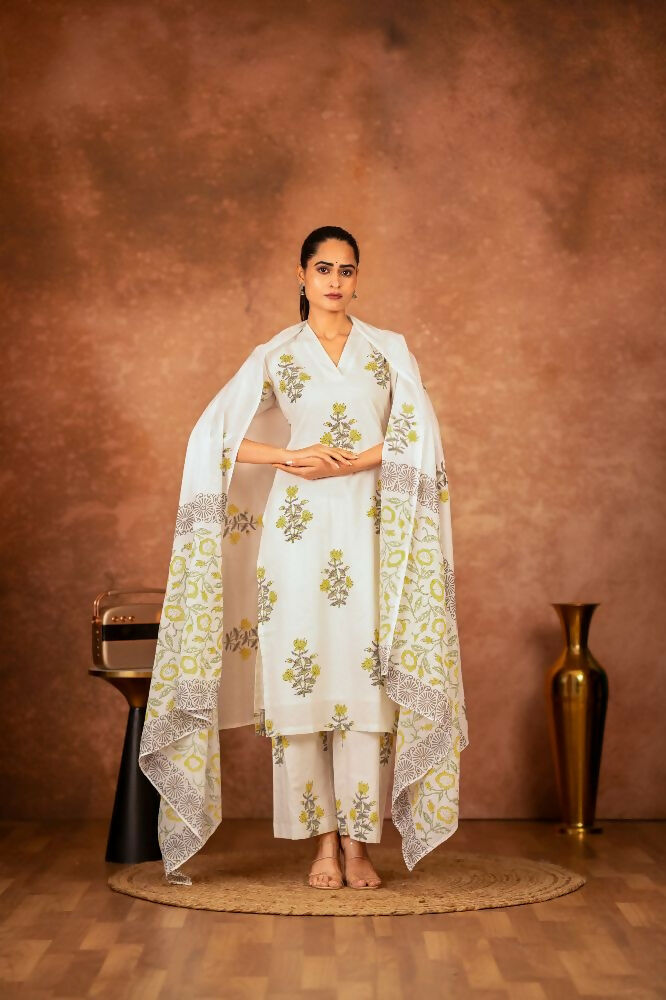 Joban Fashion Off White Yellow Hand Block Printed Cotton Suit Set