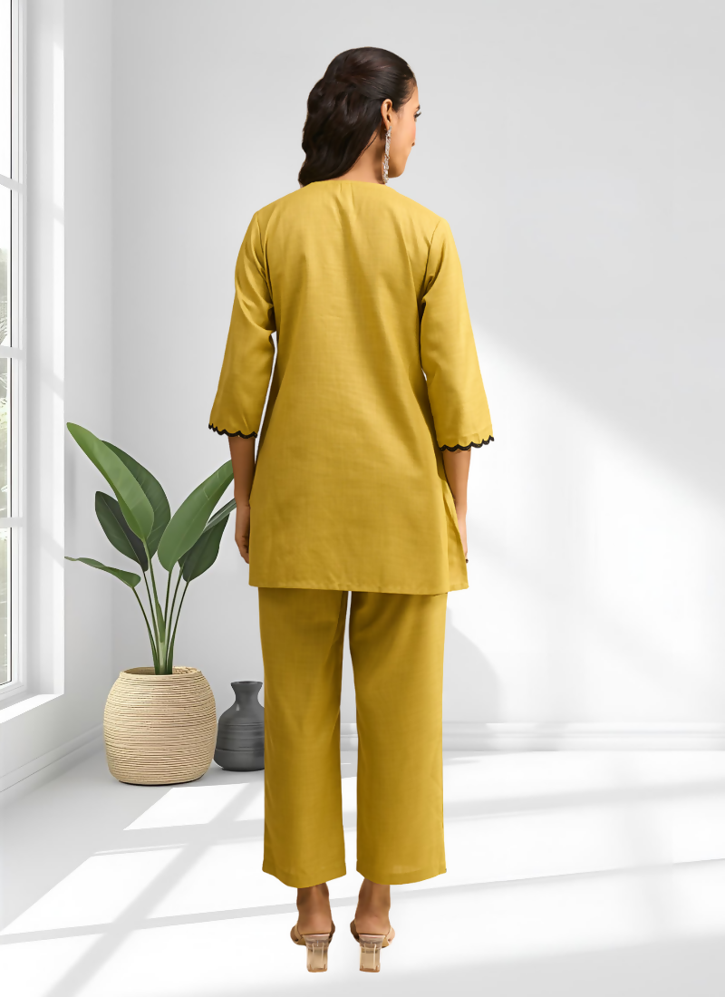 Joban Fashion Yellow Cotton, Linen Embroidered Readymade Cord Set
