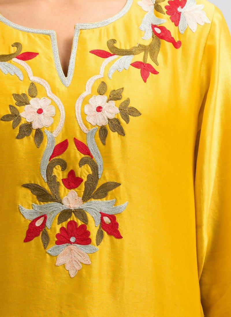 Joban Fashion Yellow Silk Embroidered Readymade Long Kurta With Pant