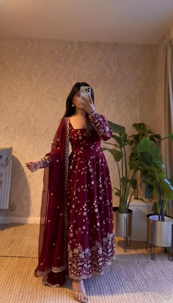 Teeya Creation Maroon Color Faux Georgette Long Party Wear Gown