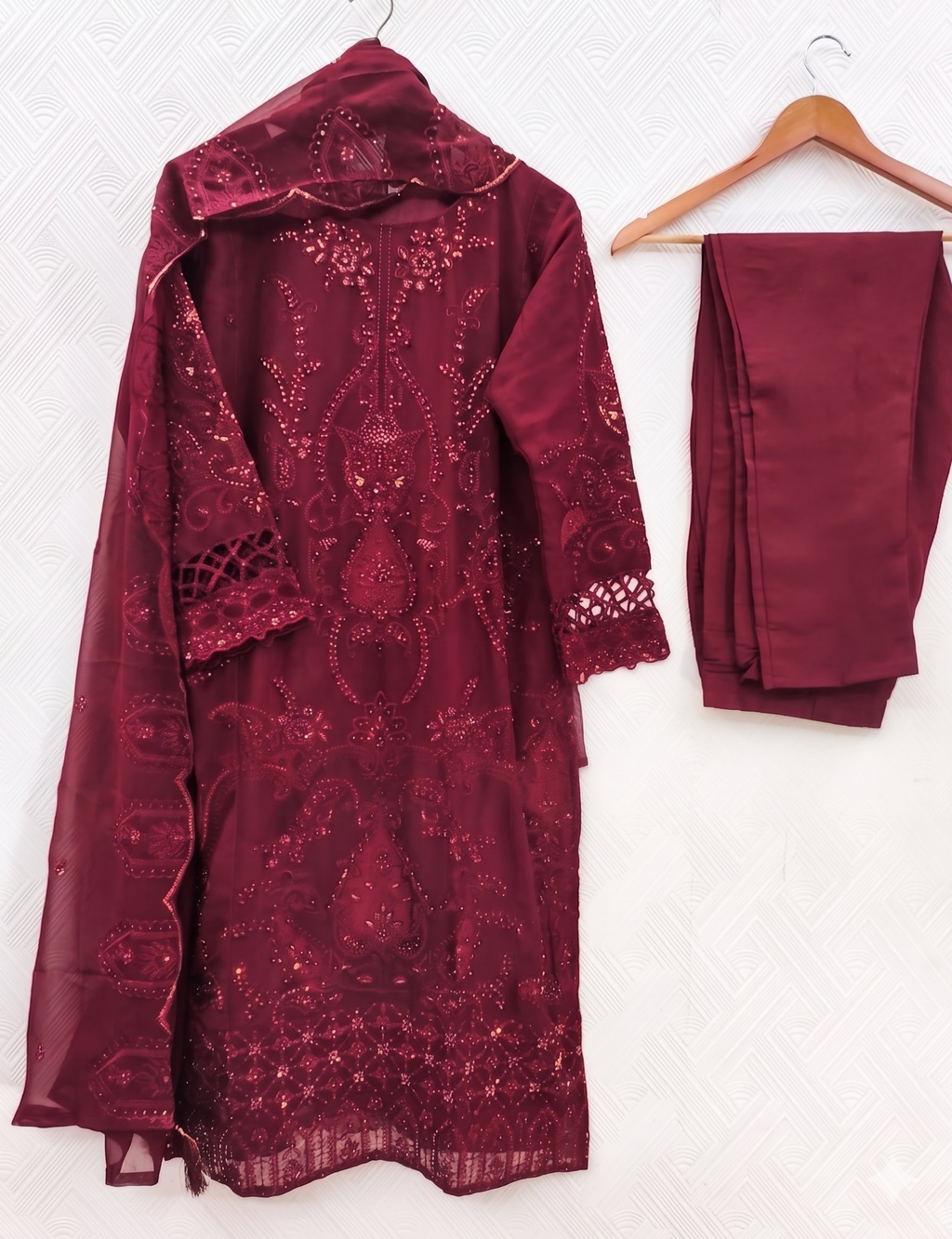 Teeya Creation Womens New Georgette Silk With Heavy Embroiedery With Sequence Work Maroon Kurta Set