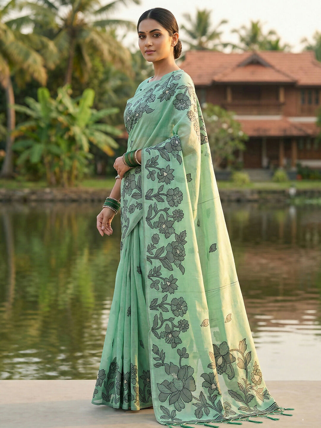 Shree Shyam Fashion Rama Green Linen Cotton Saree