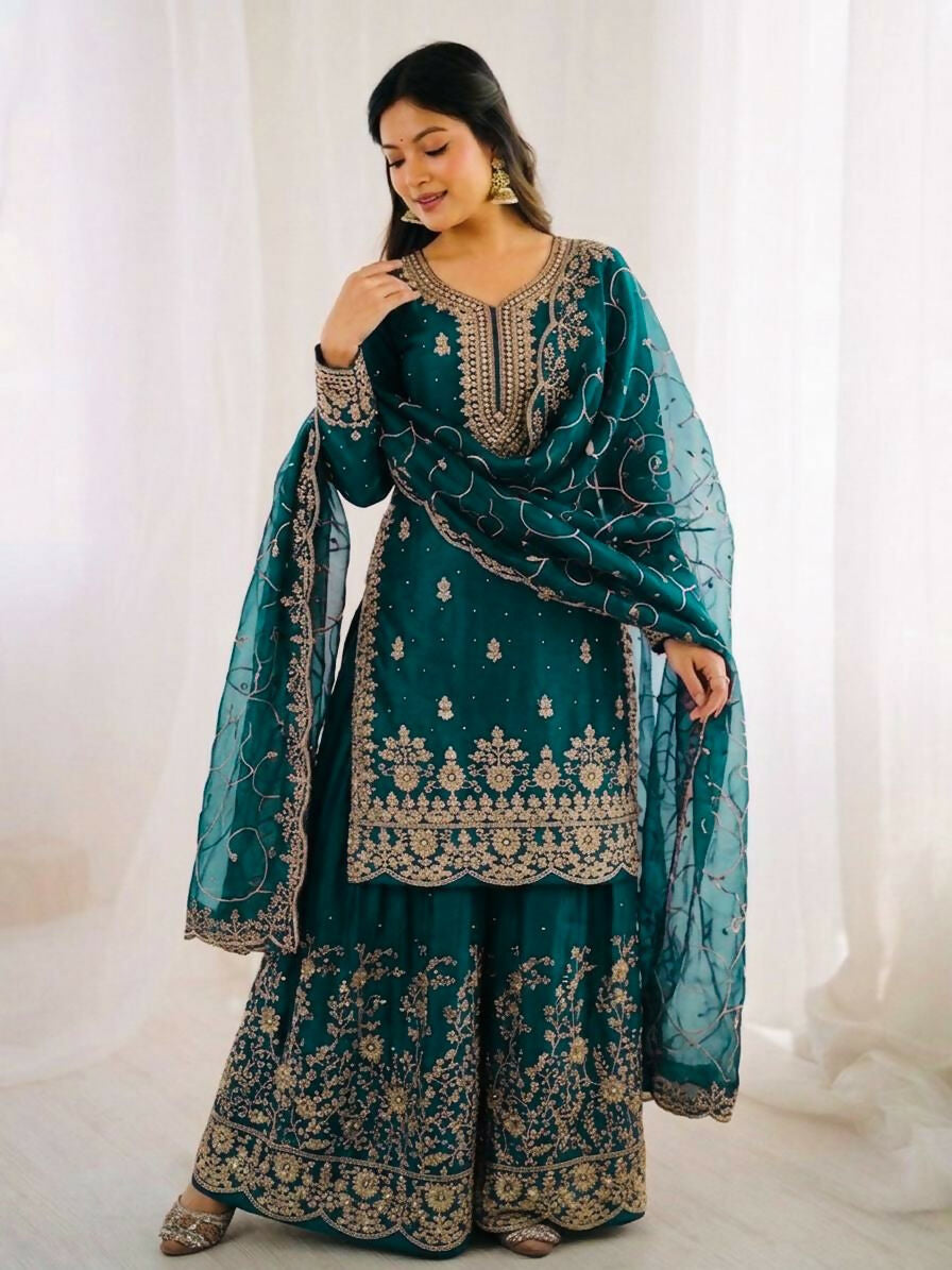 Teeya Creation Morpich Color Gymmi Silk Embroidery Work Wedding Wear Sharara Set