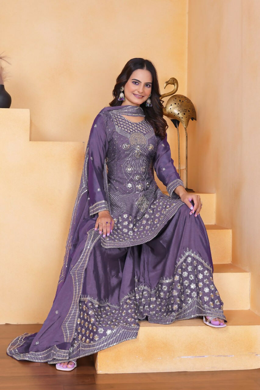 Joban Fashion Purple Silk Embroidered Sharara Set