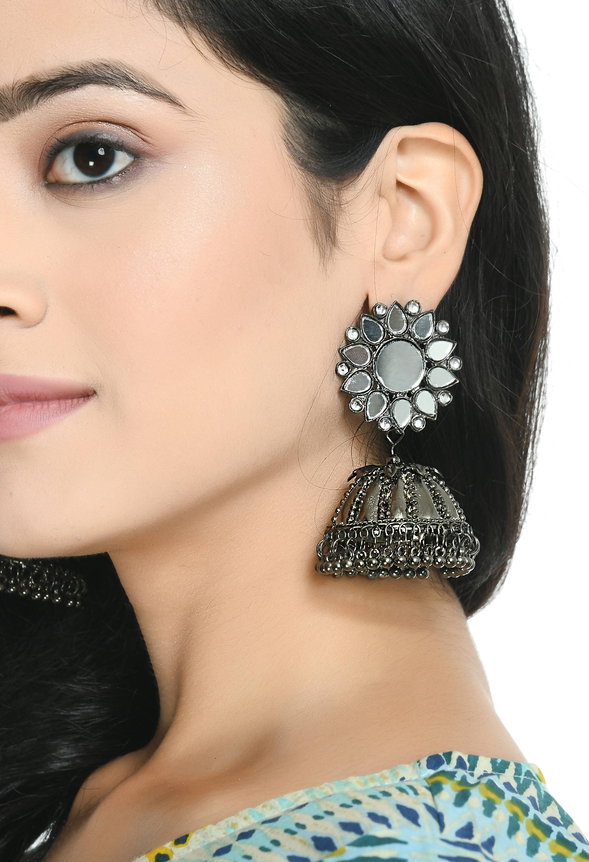 Mominos Fashion Johar Kamal Silver-Plated With Mirror Earrings Jhumkas