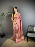 Joban Fashion Dusty Pink Floral Motifs & Ethnic Design Soft Satin Silk Kanchipuram Saree