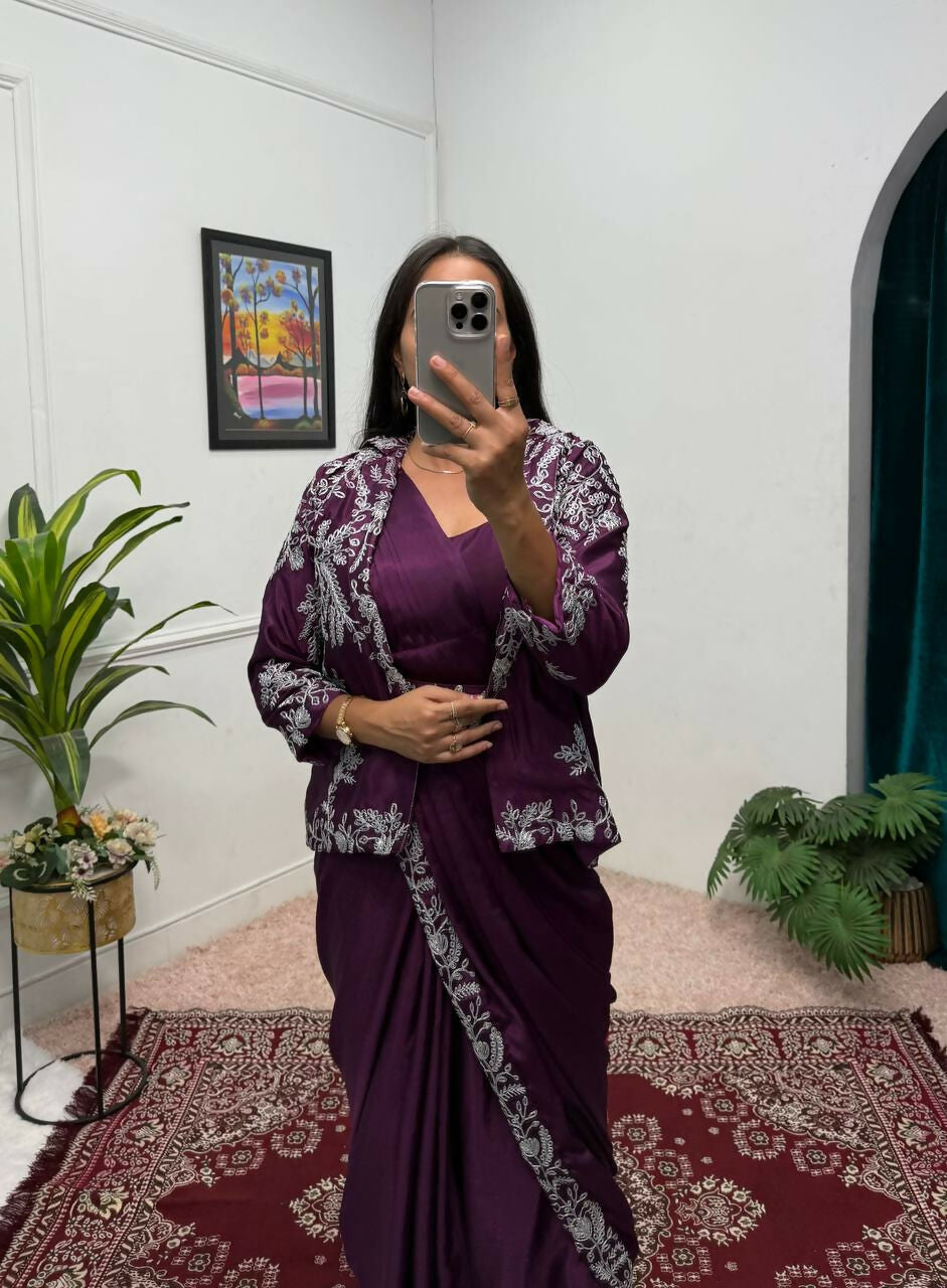 Teeya Creation Wine Color Chinon Silk Wedding Wear Ready To Wear Saree With Koti