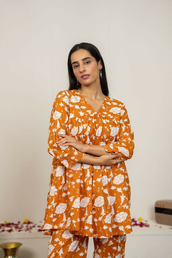 Joban Fashion Peach Hand Block Print Cotton Kurta Set