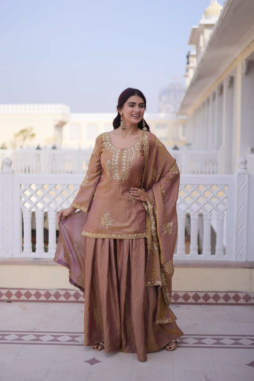 Teeya Creation Womens New Stylish Fendi Crush With Zari Sequins Embroidered Work Kurta Set