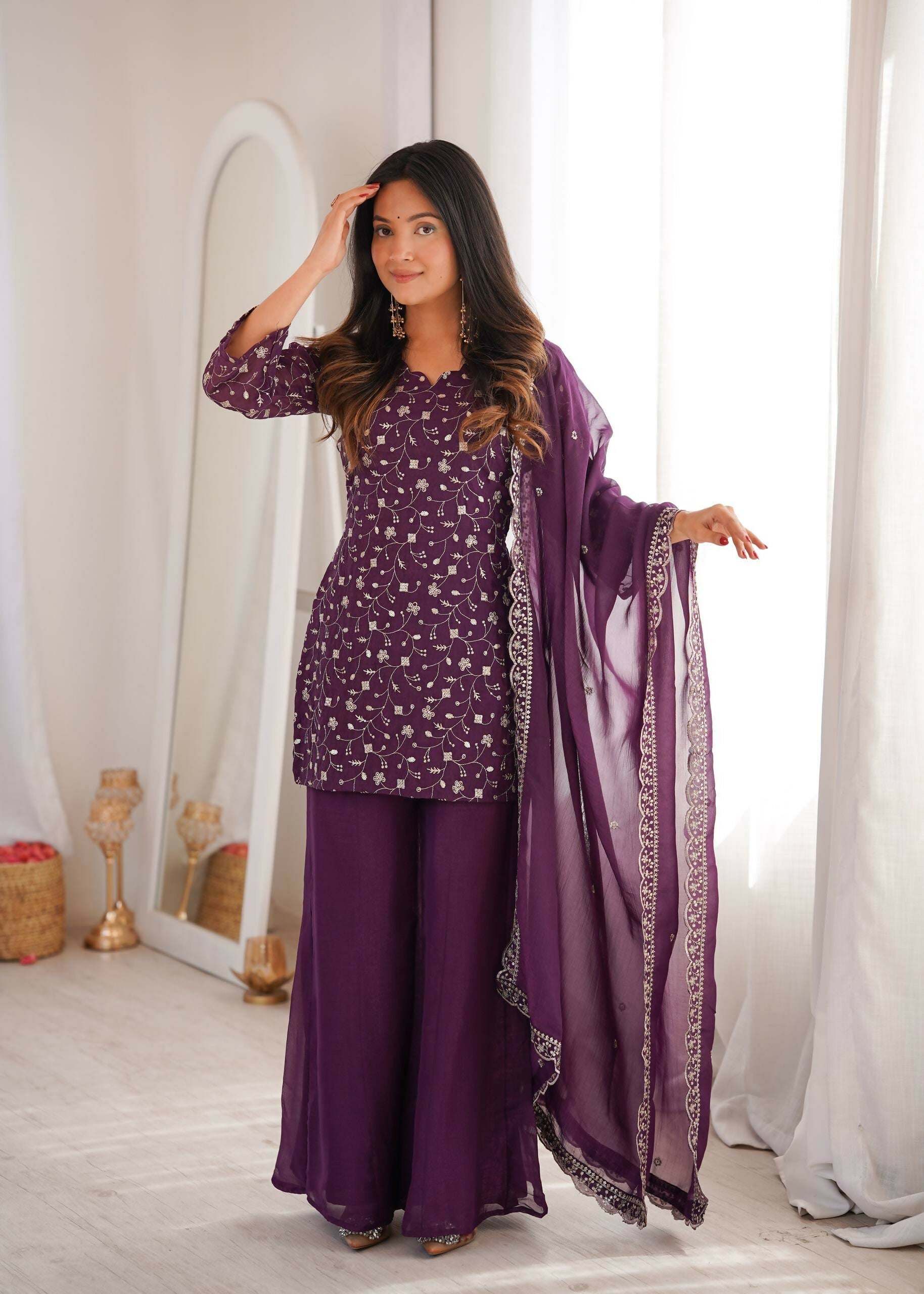Teeya Creation Wine Color Crunchy Silk Party Wear Palazzo Set