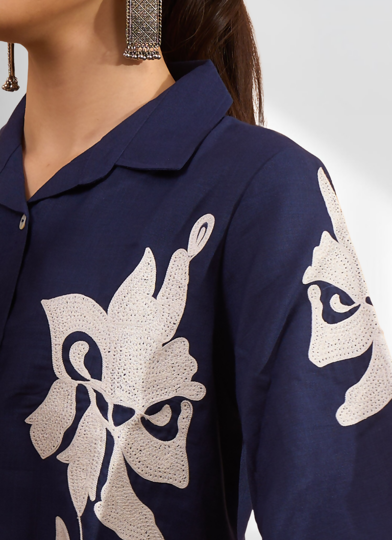 Joban Fashion Navy Blue Cotton, Linen Embroidered Readymade Cord Set