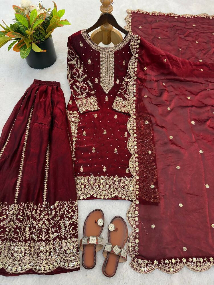 Teeya Creation Maron Color Fendy Silk Embroidery Work Wedding Wear Salwar Suit