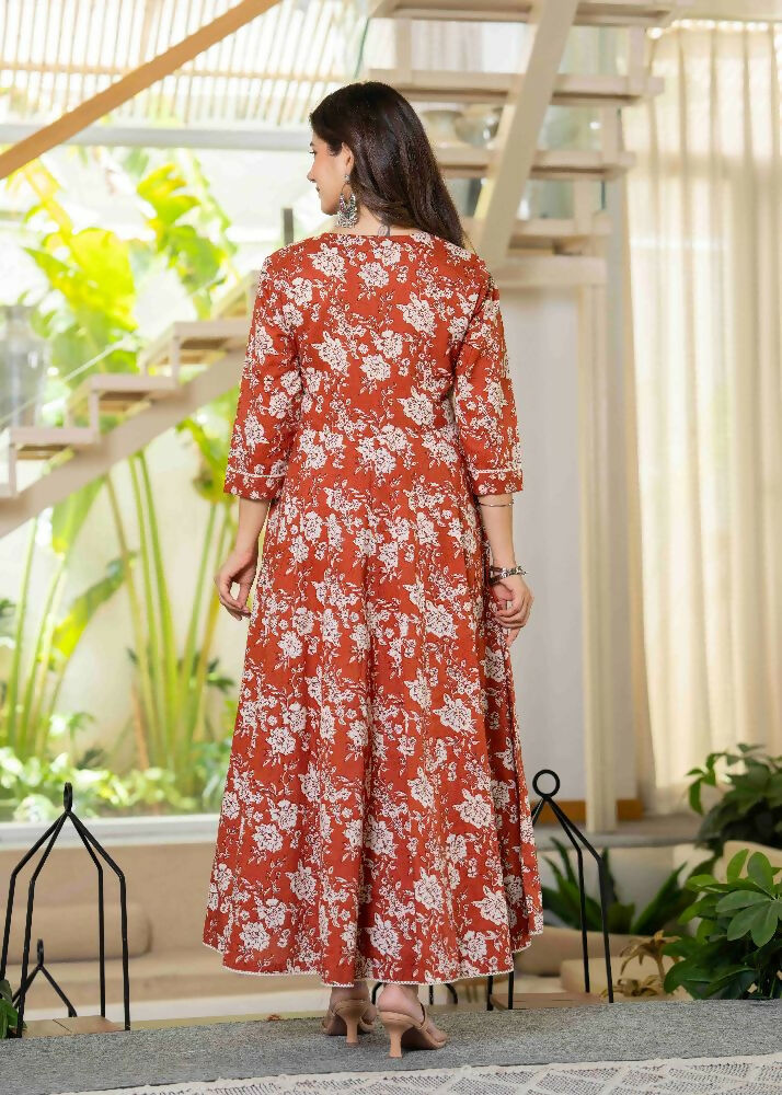 Jaimini Women Cotton Printed Round Neck 3/4 Sleeves Calf Length Flared Kurta Pant And Dupatta Set