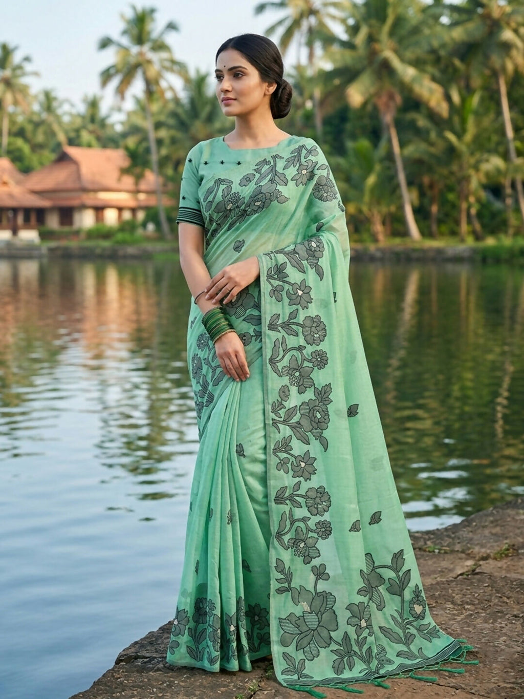 Shree Shyam Fashion Rama Green Linen Cotton Saree